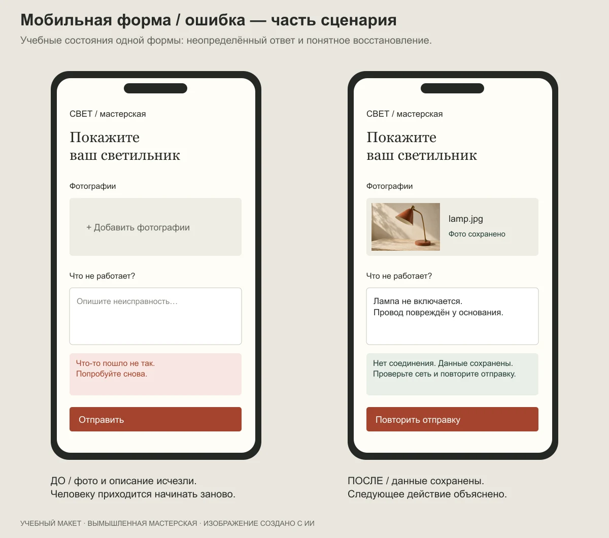 Два учебных состояния мобильной формы: потеря введённых данных и сохранённое обращение с повторной отправкой