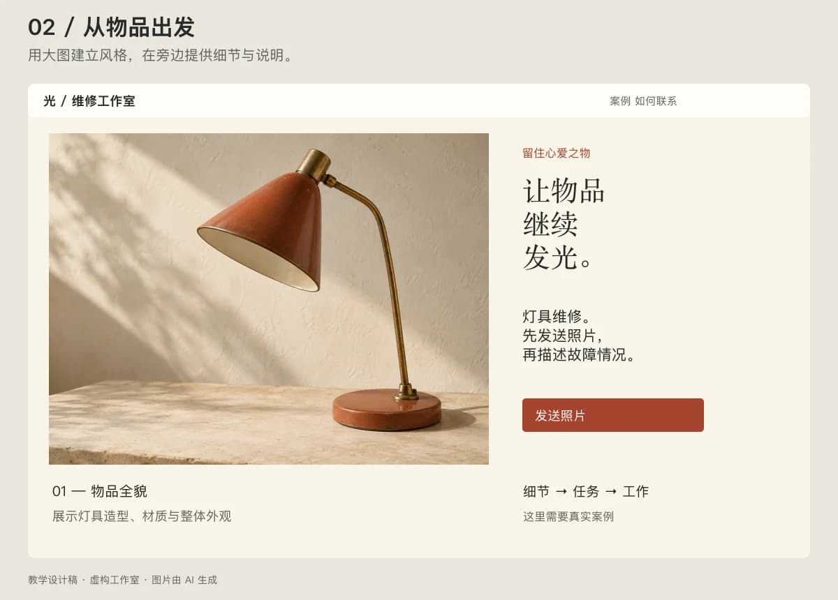 第二种页面:大幅灯具图片与简洁的编辑式布局