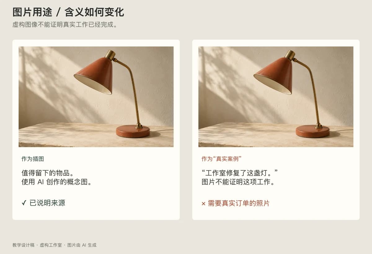 同一张灯具图片分别被用于概念插图和缺乏依据的维修案例