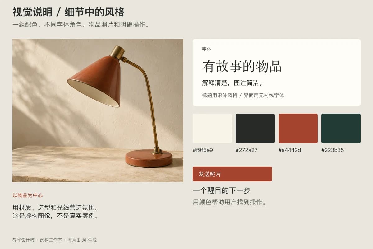 工作室视觉说明,包括灯具图片、配色、字体与咨询按钮
