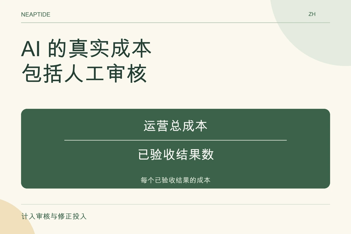 AI 的真实成本 包括人工审核 — 运营总成本 ÷ 已验收结果数 = 每个已验收结果的成本.