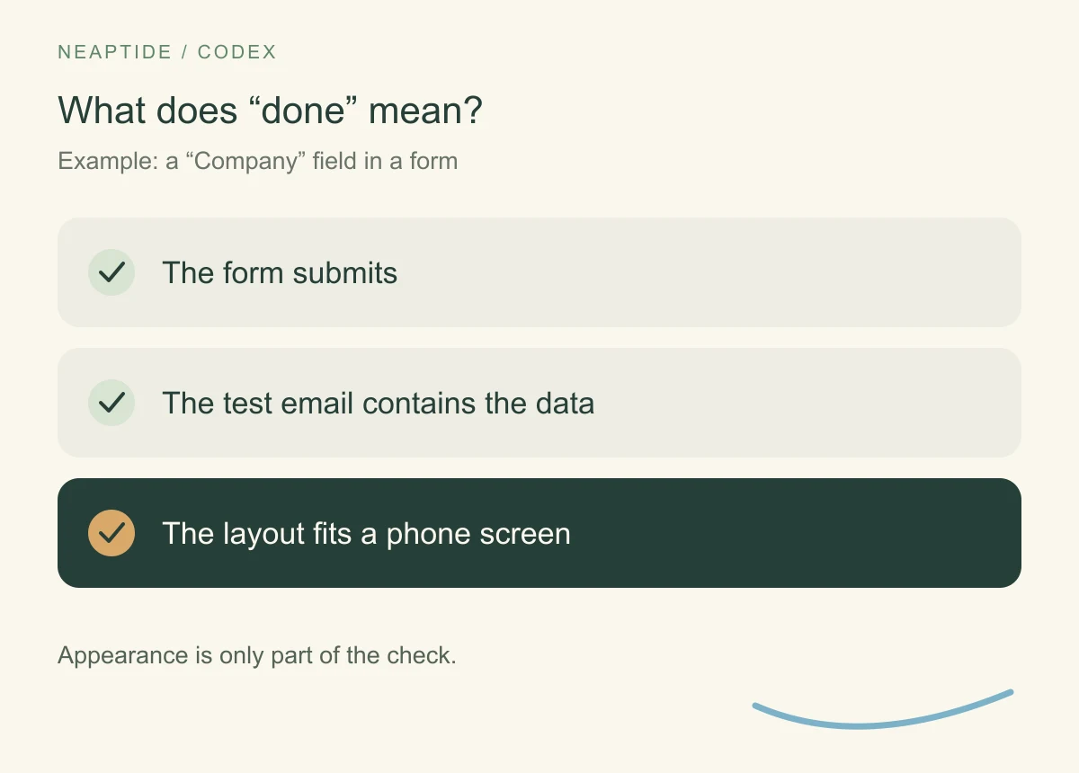Three form checks: submission, data in the test email and the mobile layout.