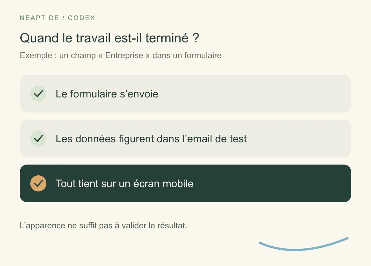 Trois contrôles du formulaire : envoi, données dans l’email de test et affichage mobile.