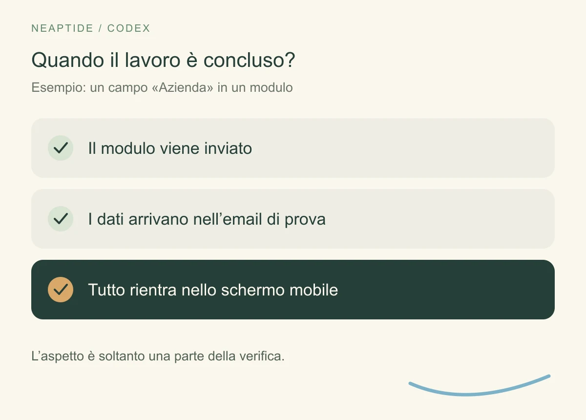 Tre controlli del modulo: invio, dati nell’email di prova e visualizzazione mobile.
