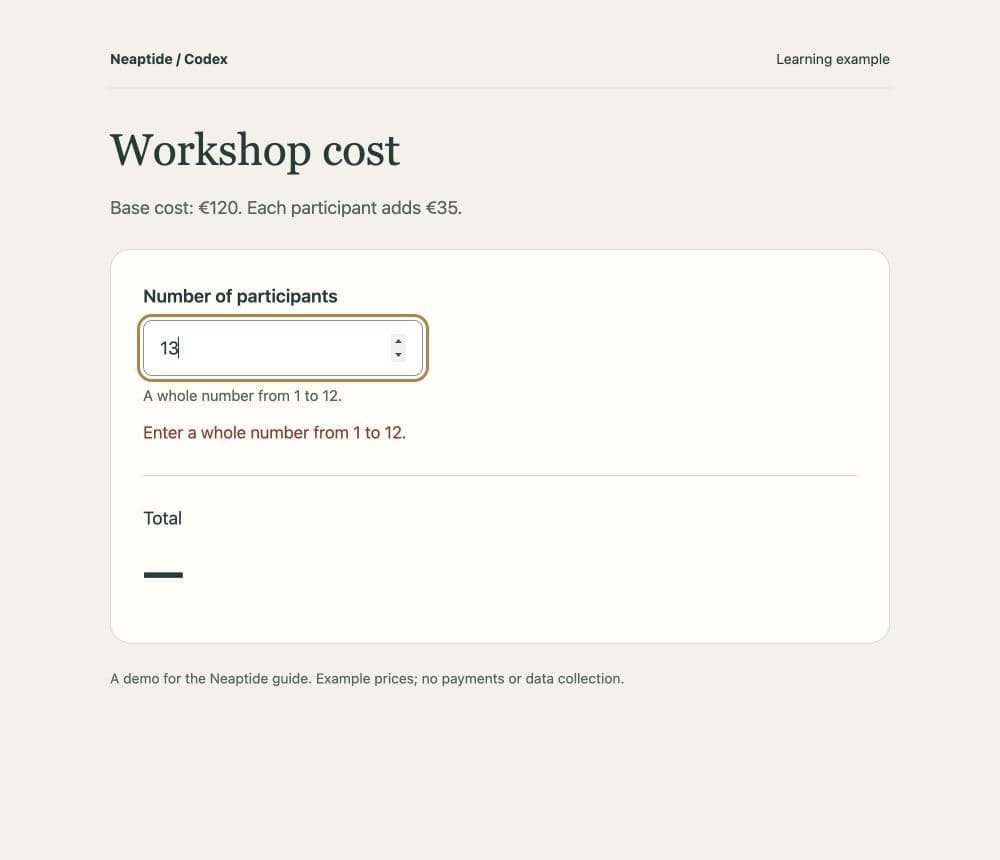 A group of 13 exceeds the limit. The calculator shows an error and clears the previous €260 total.