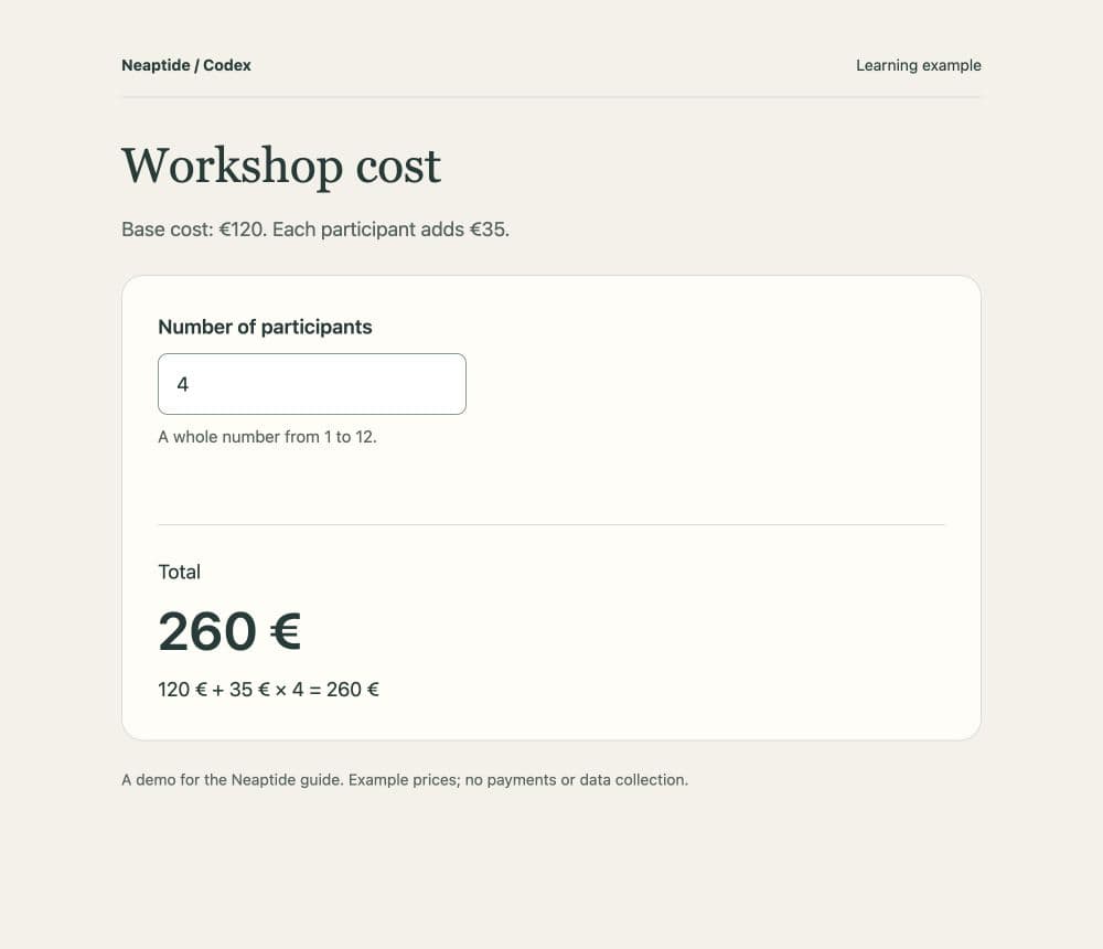 Our example shows €260 for four participants, with the formula below. Your page may look different.