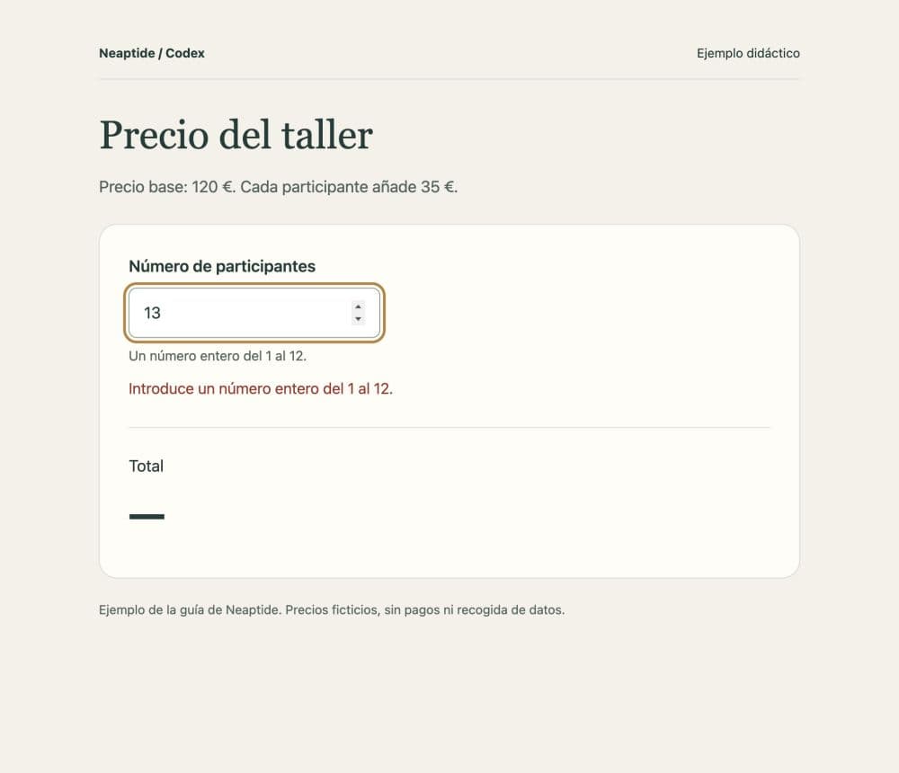 Un grupo de 13 participantes supera el límite. La calculadora muestra un error y borra el total anterior de 260 €.