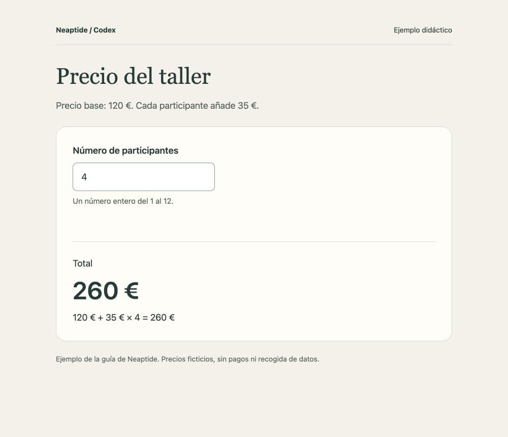 Nuestra calculadora muestra 260 € para cuatro participantes, con la fórmula debajo. Tu página puede tener otro diseño.