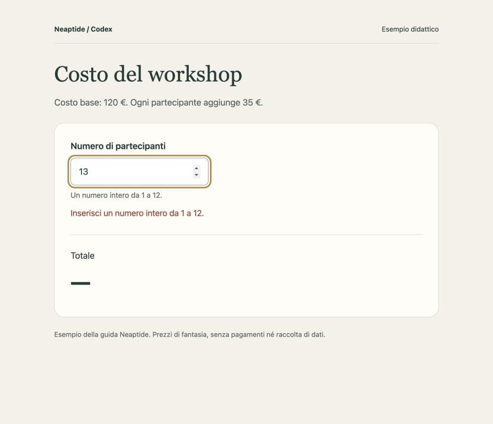 Un gruppo di 13 partecipanti supera il limite. Il calcolatore mostra un errore e cancella il precedente totale di 260 €.