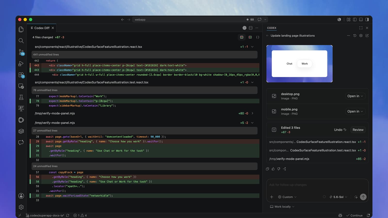 Reviewing changes in the Codex editor extension: task and Review button on the right, code changes on the left. OpenAI’s illustration shows another project.