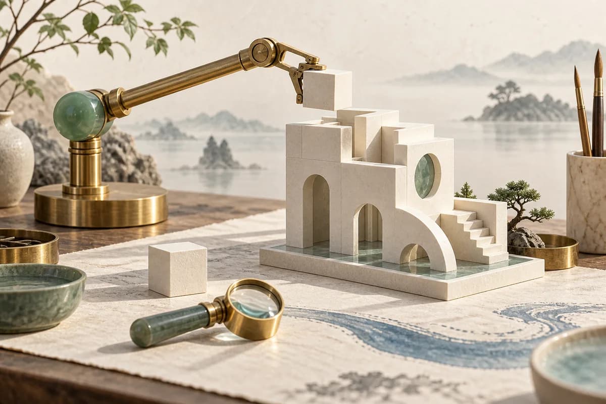 A small working tool assembles paper blocks into a finished structure.