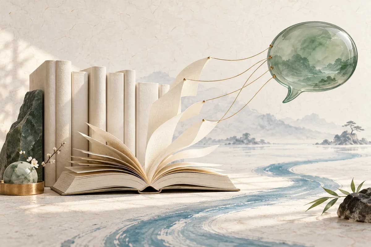 Un libro aperto e documenti collegati a un fumetto da fili sottili.