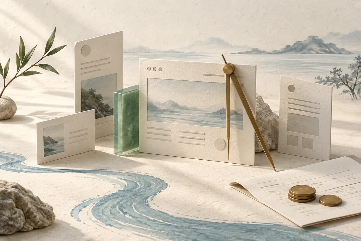 Una maqueta web de módulos de papel junto a un instrumento de medición y monedas.