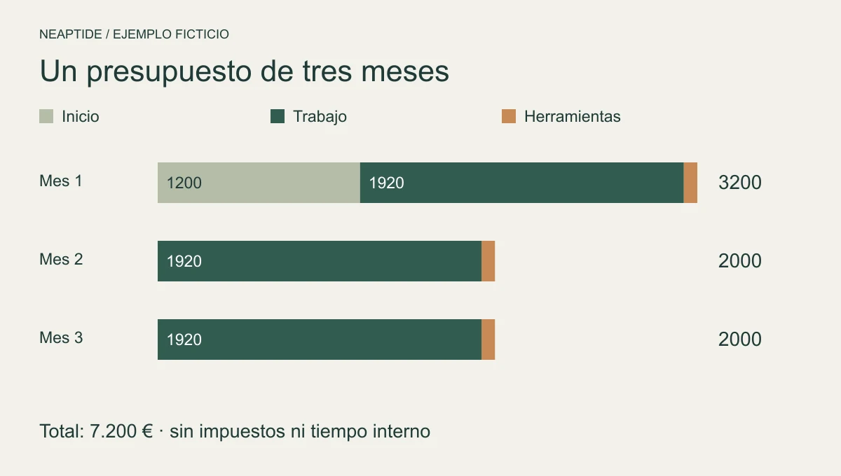 Presupuesto AEO/GEO ficticio: 3.200 euros el primer mes y 2.000 en cada uno de los dos siguientes; total 7.200 sin impuestos.