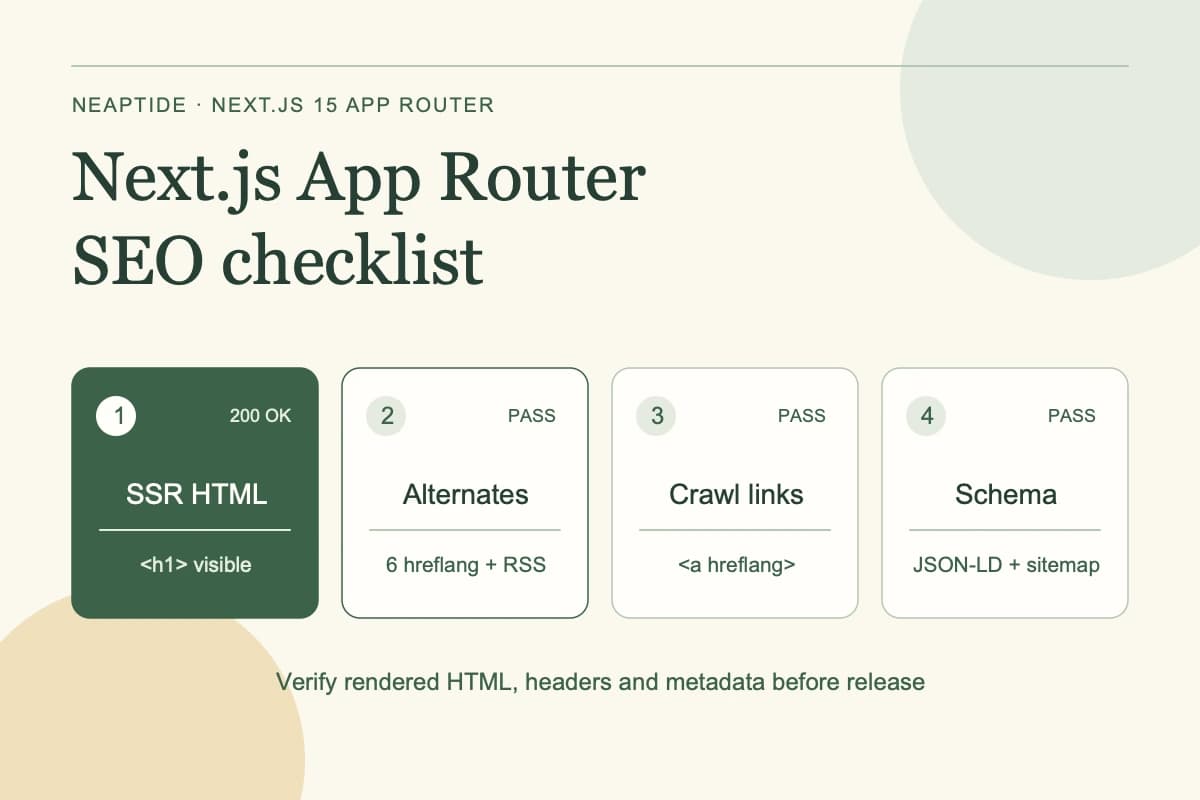 Next.js App Router SEO checklist — 1 SSR HTML (<h1> visible) · 2 Alternates (6 hreflang + RSS) · 3 Crawl links (<a hreflang>) · 4 Schema (JSON-LD + sitemap).