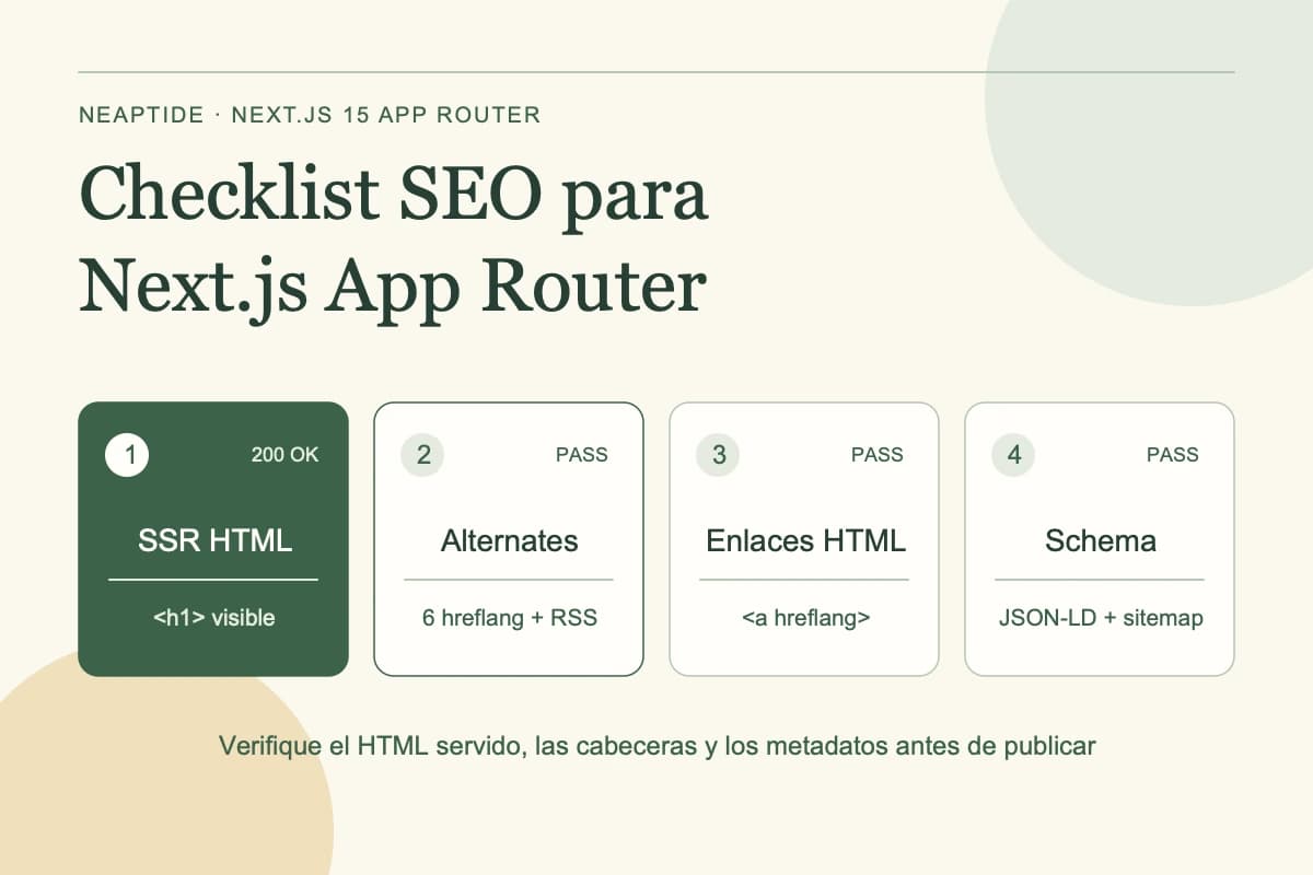 Checklist SEO para Next.js App Router — 1 SSR HTML (<h1> visible) · 2 Alternates (6 hreflang + RSS) · 3 Enlaces HTML (<a hreflang>) · 4 Schema (JSON-LD + sitemap).