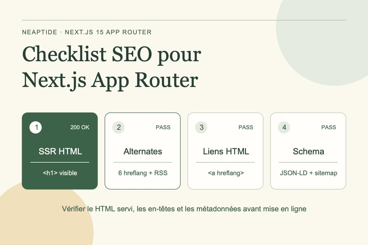 Checklist SEO pour Next.js App Router — 1 SSR HTML (<h1> visible) · 2 Alternates (6 hreflang + RSS) · 3 Liens HTML (<a hreflang>) · 4 Schema (JSON-LD + sitemap).