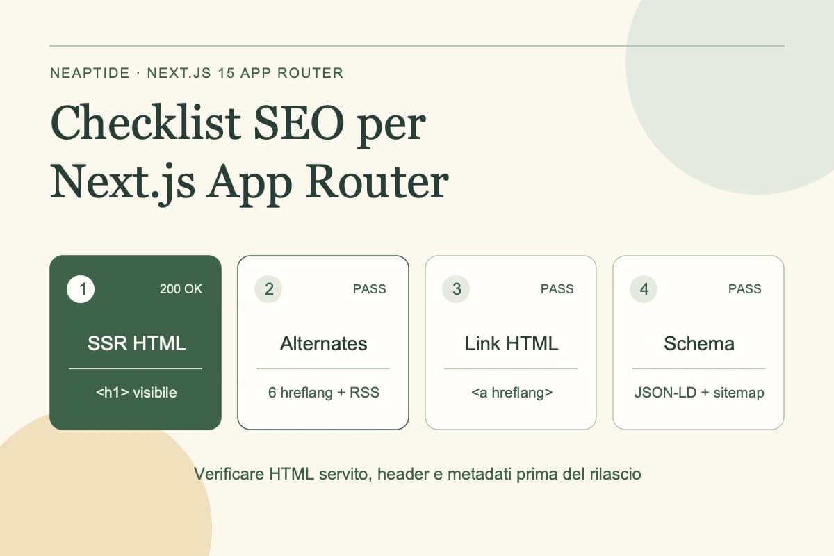 Checklist SEO per Next.js App Router — 1 SSR HTML (<h1> visibile) · 2 Alternates (6 hreflang + RSS) · 3 Link HTML (<a hreflang>) · 4 Schema (JSON-LD + sitemap).
