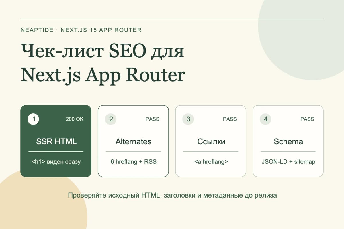 Чек-лист SEO для Next.js App Router — 1 SSR HTML (<h1> виден сразу) · 2 Alternates (6 hreflang + RSS) · 3 Ссылки (<a hreflang>) · 4 Schema (JSON-LD + sitemap).