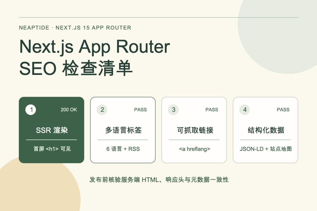 Next.js App Router SEO 检查清单 — 1 SSR 渲染(首屏 <h1> 可见) · 2 多语言标签(6 语言 + RSS) · 3 可抓取链接(<a hreflang>) · 4 结构化数据(JSON-LD + 站点地图)。