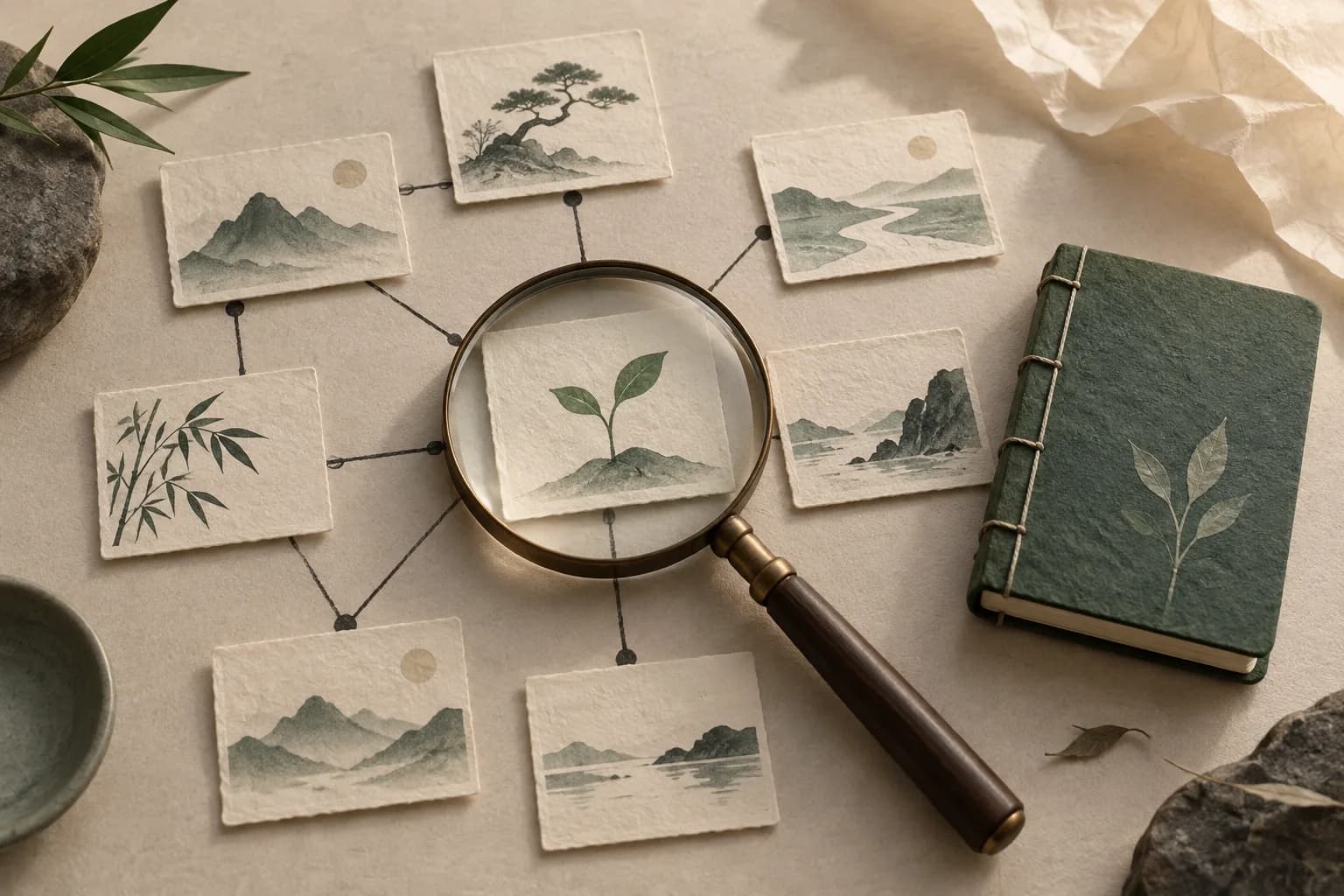 Schede collegate, lente e quaderno separato per la sintesi.