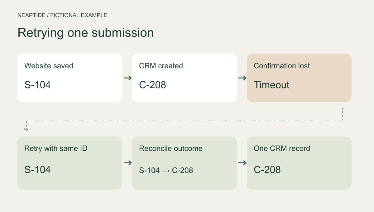 Fictional S-104 is delivered again but corresponds to one CRM record C-208.