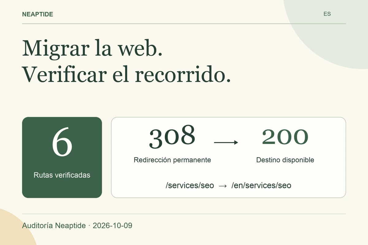Migrar la web. Verificar el recorrido. — Rutas verificadas · Redirección permanente · Destino disponible. 6 · 308 → 200 · 2026-10-09.