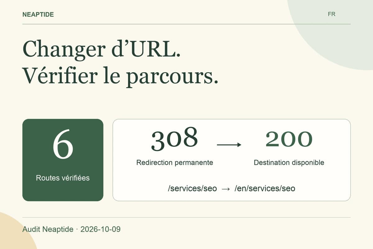 Changer d’URL. Vérifier le parcours. — Routes vérifiées · Redirection permanente · Destination disponible. 6 · 308 → 200 · 2026-10-09.